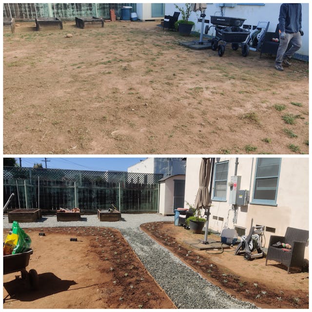 before and after landscaping project that has a freshly installed backyard rock walkway and sidewalk 