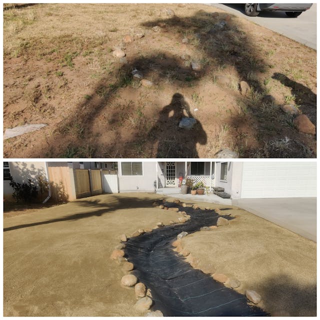 rbefore and after picture of a yard being remodeled into a beautiful walkway with stones and stone pavers